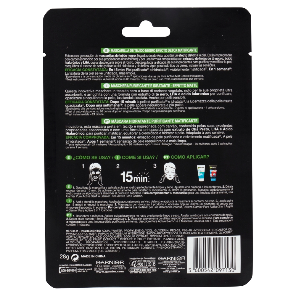Garnier SkinActive Pure Charcoal Maschera Viso in Tessuto Purificante e Idratante